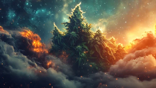 Cannabis plant mountain rises through glowing cosmic clouds