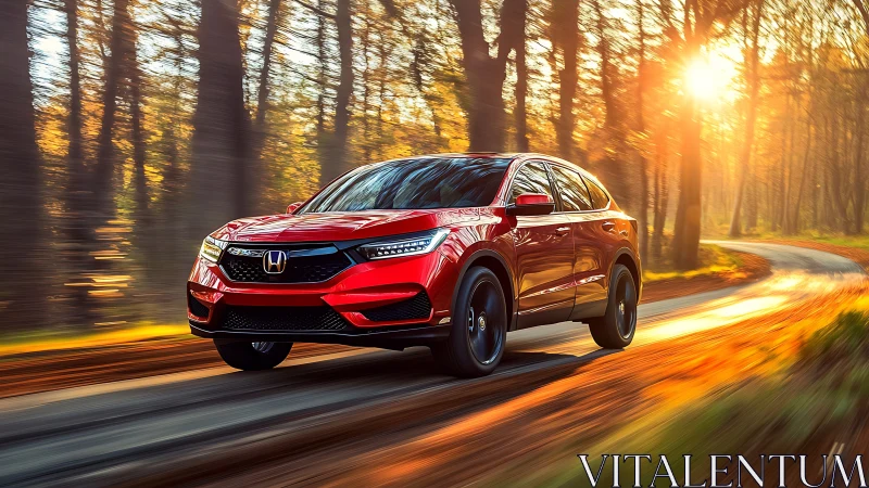 Red Honda SUV cruises through a glowing autumn forest road.