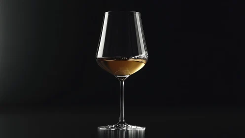Single stemmed wine glass with amber liquid on black background.