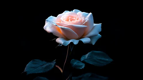 Peach rose blooms against darkness with dramatic chiaroscuro lighting