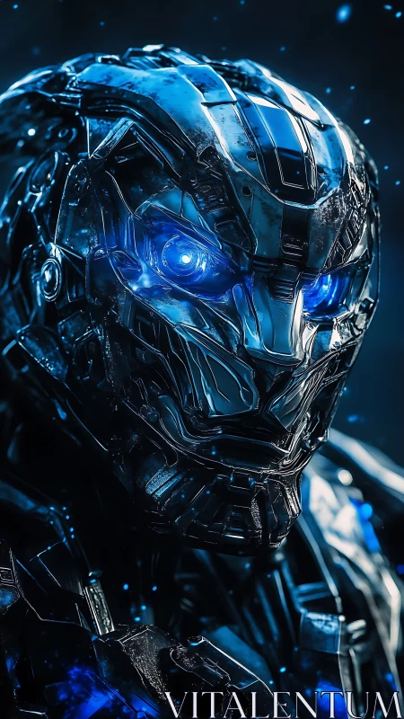 Robotic head displays reflective metallic armor and blue lights