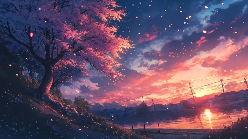 Sakura hillside over river at luminous anime sunset sky.