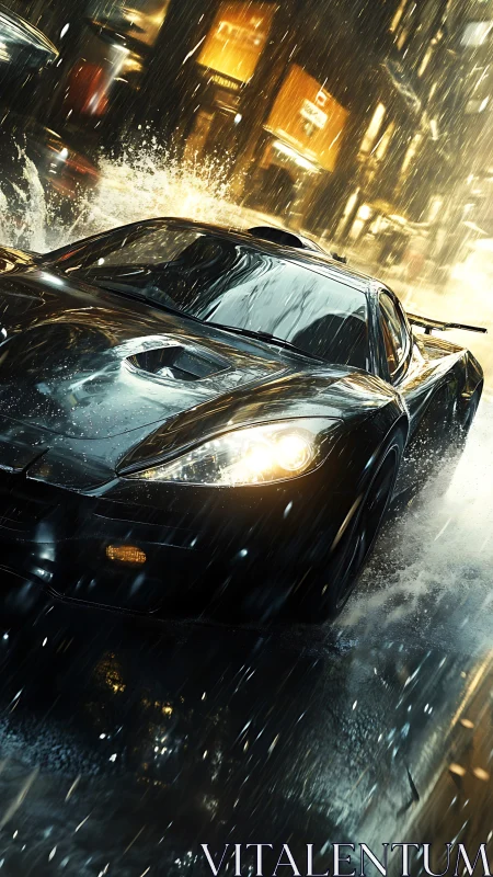 Supercar night sprint through rain soaked neon city streets.