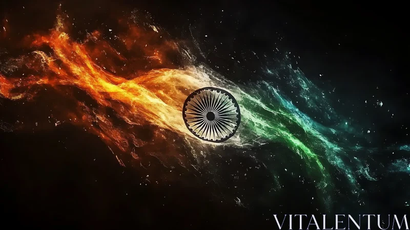 Circular spoked emblem divides orange and green nebular flows