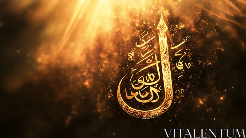Luminous Arabic calligraphy rising in molten golden light.
