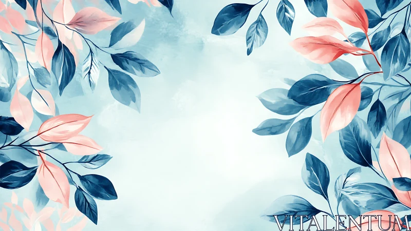 Soft blue background with pink and navy watercolor leaves.