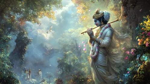 Divine blue-skinned figure playing flute in lush forest scene.