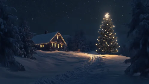Cozy cabin and glowing Christmas tree on a snowy winter night.