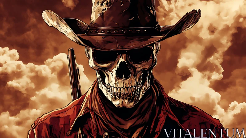Skeleton cowboy stands front-facing against dramatic sky