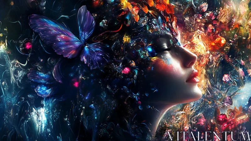 Dreaming woman dissolves into cosmic butterflies and light