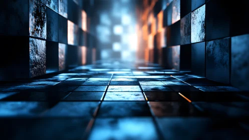 Futuristic metallic corridor with glowing cubes, digital 3D art style.