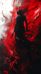 Silhouetted human figure stands in swirling red and white field