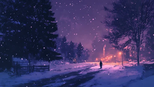 Nocturnal snowfall corridor with solitary pedestrian silhouette.