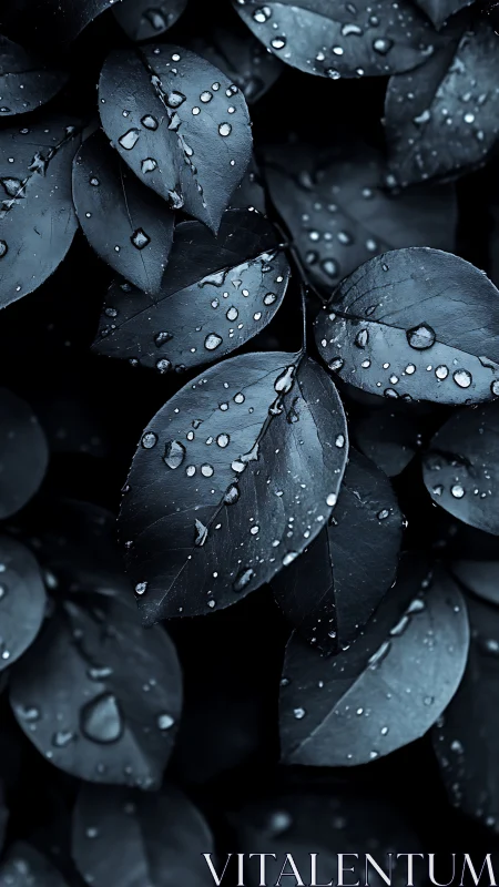 Dark wet leaves in closeup with scattered raindrops detail.