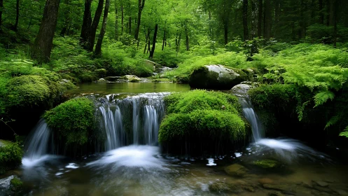 Tranquil forest stream with mossy rocks in lush green woodland.
