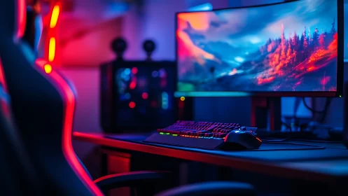 Cozy neon gaming desk glowing with color and imagination.
