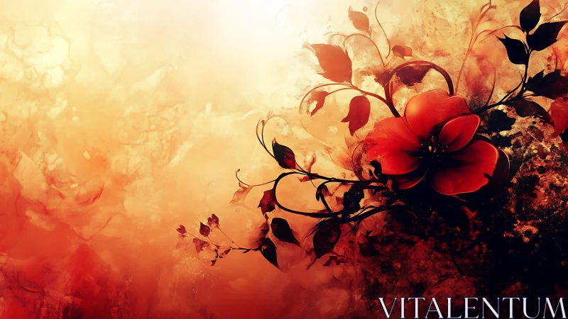 Red flower botanical composition with atmospheric gradient rendering and volumetric light diffusion 