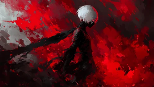 White haired silhouette amid kinetic crimson brushwork.