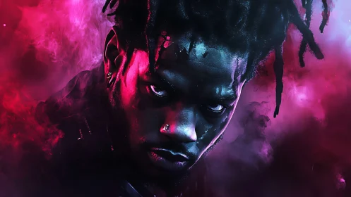 Intense neon portrait cuts through dark vaporous clouds