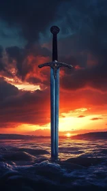Sunset-forged sword rising from storm-lit ocean horizon.