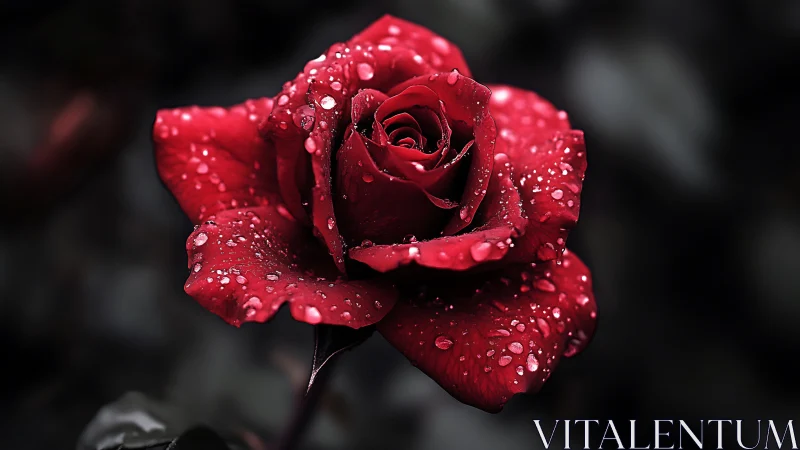 Deep crimson rose with dew drops against dark bokeh background.
