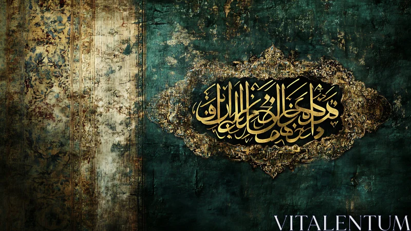Islamic calligraphy panel on textured teal and gold background.