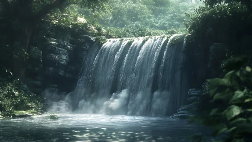 Dense forest waterfall over rock ledge into calm pool.