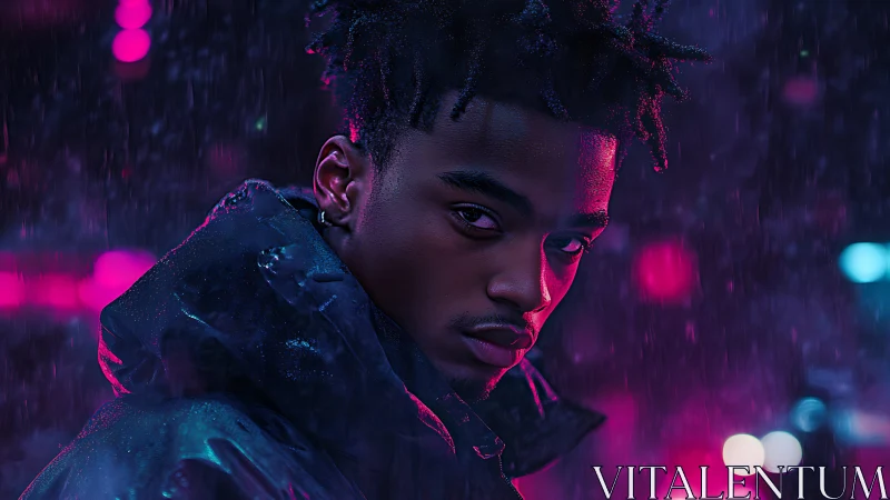 Moody neon portrait in rain with cool magenta lighting.