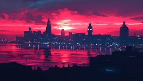 Neon-tinted riverfront skyline glowing in bold twilight.