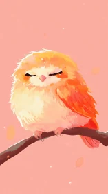 Small orange owl on branch against plain pink background.