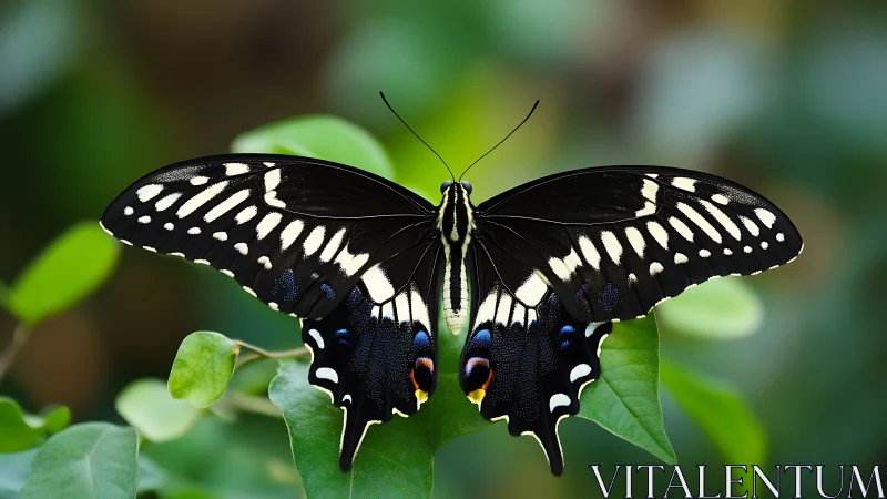 Black swallowtail butterfly on foliage, high-contrast wings.