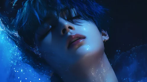 Wet blue-lit portrait of serene young person in water.