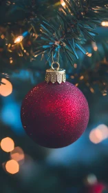 Glimmering crimson bauble humming softly on evergreen boughs.