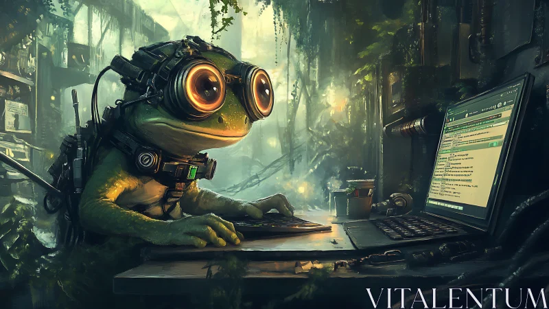 Goggle-eyed frog hacker quietly codes inside a glowing jungle lab