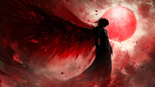 Silhouetted winged figure against red celestial disc.