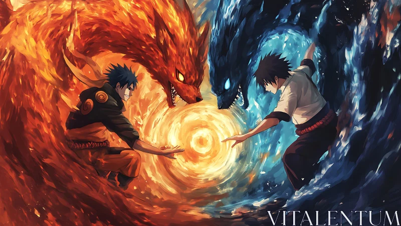 Fire and water warriors generate dual-dragon elemental vortex