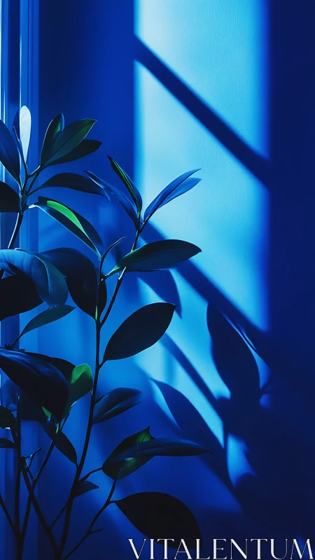 Indoor plant silhouette with strong blue window light.