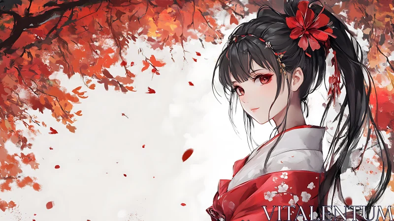 Crimson kimono girl beneath swirling autumn maple leaves.