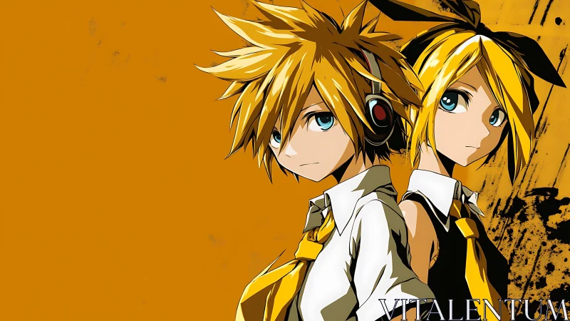 Twin blond anime teens with headphones on orange field.