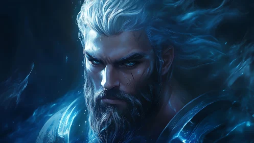 Cryogenic warrior portrait with luminous spectral beard glow.