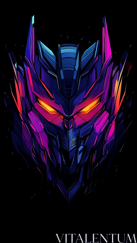 Neon robotic helmet portrait in ultraviolet gradient lighting.