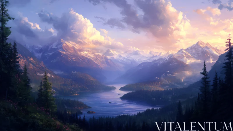 Sunlit alpine lake valley under towering cloud-draped peaks.