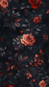 Dark Floral Composition with Coral Roses on Black Background