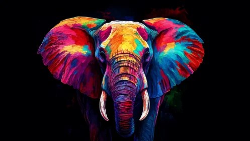 Chromatic elephant monarch strides from neon twilight void.