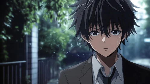 Quiet rain-soaked walk with a thoughtful anime boy.