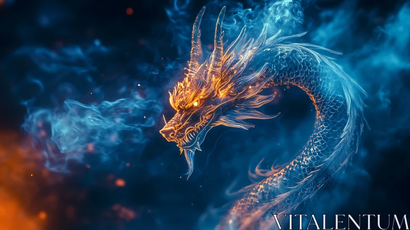 Elemental serpentine dragon in blue flame and ember glow.