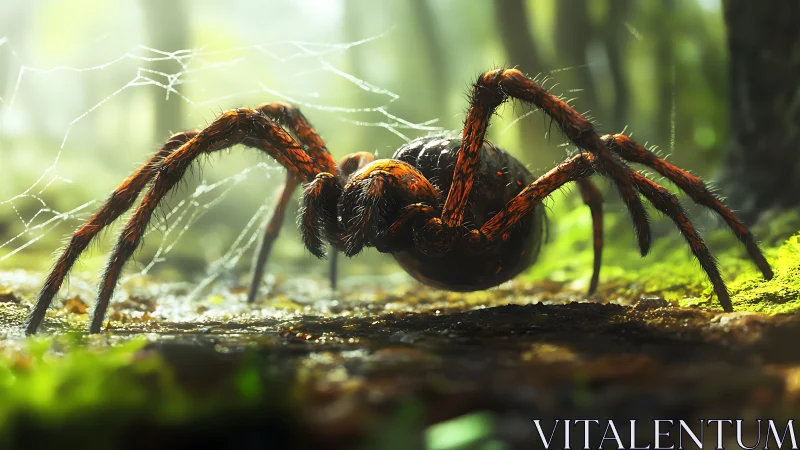 Giant hairy spider stalking forest floor in dramatic light.