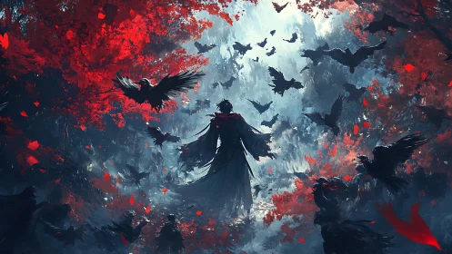 Raven-cloaked figure in crimson forest vortex of flight.