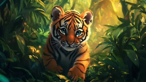 Tiger cub is digitally rendered within dense jungle foliage