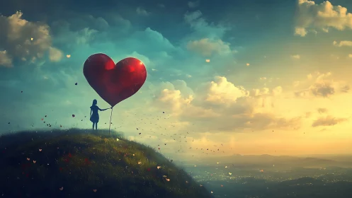 Silhouetted soul grasping luminous love against golden sky.